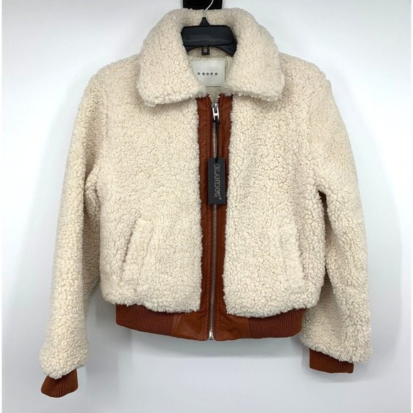 Blank NYC Jacket Faux Sherpa Leather Trim Beige Brown Full Zip - Picture 6 of 15